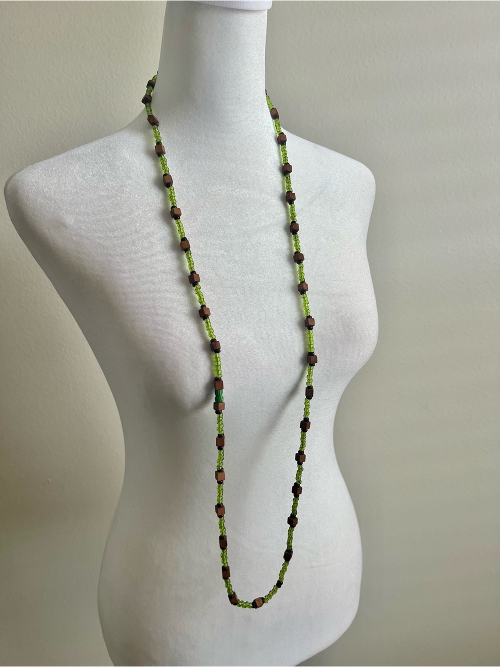 Green Beaded Boho Long Layering Necklace Cottagecore Mushroomcore